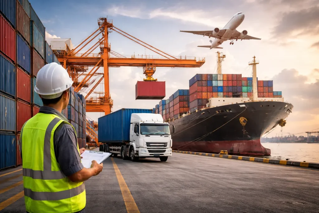 DDP shipping from China to US process showing freight forwarder handling customs clearance and door-to-door delivery